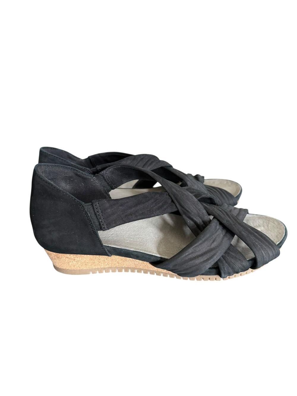 Earth Ficus Gemini Black Leather Crisscross Wedge Sandals Women’s 10 Minimalist